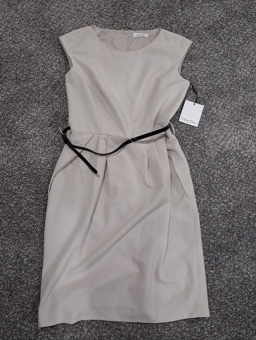 Calvin Klein Beige Knee Length Sleeveless Dress With Black Patent Leathet Belt